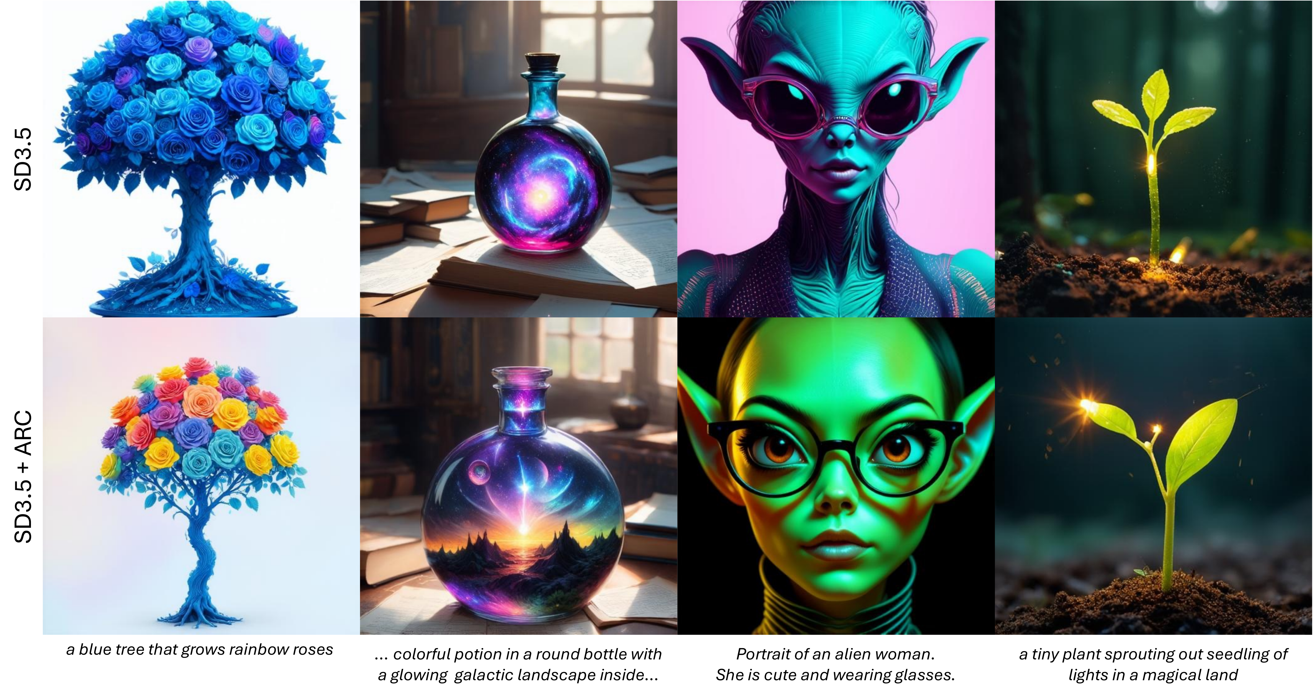 SOLACE teaser: qualitative comparison showing SD3.5 vs SD3.5 + SOLACE